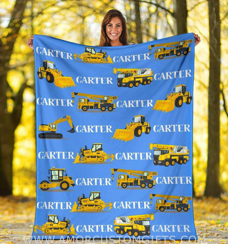 USA MADE Personalized name Construction baby blanket, Cartoon Truck Flannel Fleece Blanket, gift for Baby, Kids, Youth