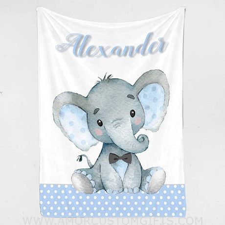 USA MADE Baby Boy Blanket - Baby Blanket for Boy with Name, Custom Baby Blanket for Boy, Nusery Elephant Blue Baby Name Blanket