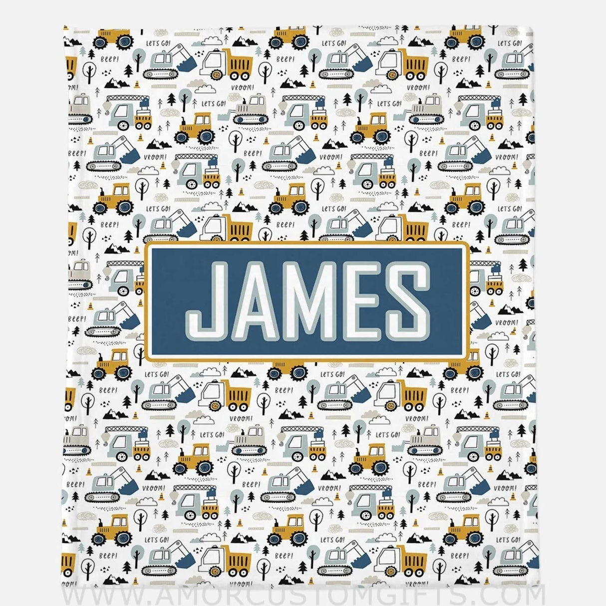 USA MADE Construction Ahead - White Modern Personalized Name Blanket, Best Gift for Baby, Newborn