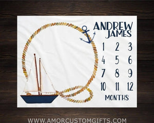 USA MADE Personalized Blanket Nautical Baby Milestone Blanket - Baby Growth Tracker Fleece Blanket Baby Shower - Baby Newborn Gift Baby Boy Sail Boat