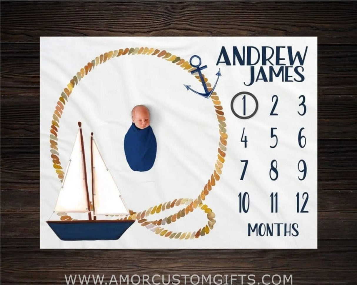 USA MADE Personalized Blanket Nautical Baby Milestone Blanket - Baby Growth Tracker Fleece Blanket Baby Shower - Baby Newborn Gift Baby Boy Sail Boat