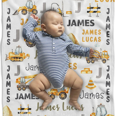 USA MADE Personalized Construction Baby Blankets for Boys - Soft Plush Fleece