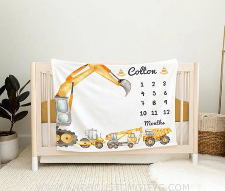 USA MADE Personalized Construction Milestone Blanket, Dump Truck Baby Boy Milestone Blanket, Crane Baby Age Blanket, Excavator Growth Tracker Blanket