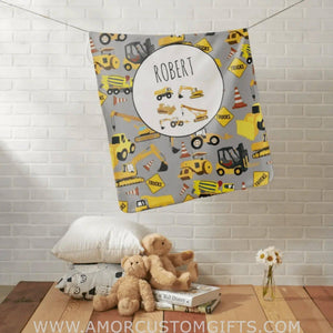 USA MADE Personalized Construction Trucks Pattern Customized Name Baby Blanket, Baby Blanket with Name for Boys