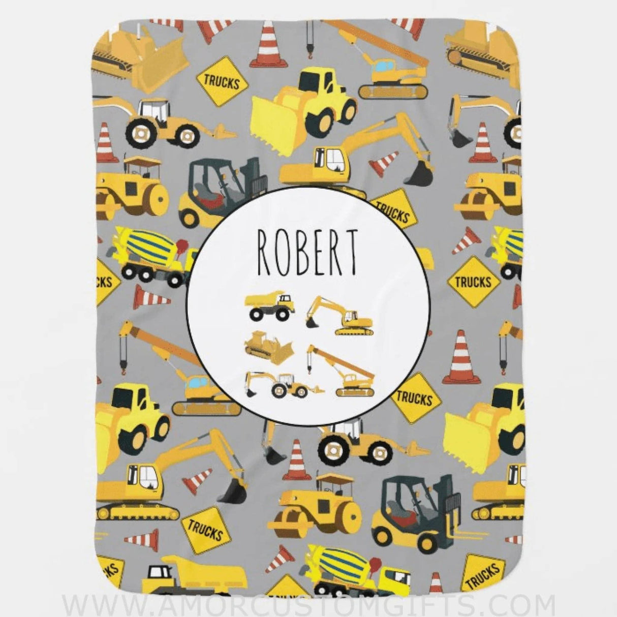 USA MADE Personalized Construction Trucks Pattern Customized Name Baby Blanket, Baby Blanket with Name for Boys