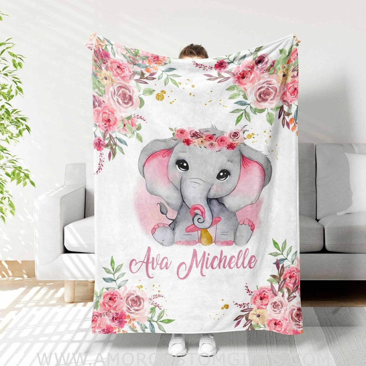 USA MADE Personalized Name Baby Elephant Pink Floral Animal Safari Baby Girl Blanket