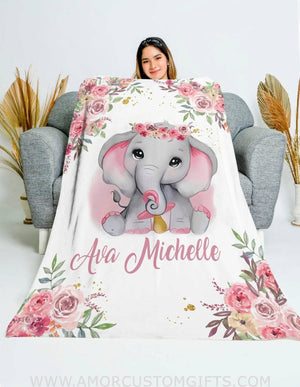 USA MADE Personalized Name Baby Elephant Pink Floral Animal Safari Baby Girl Blanket