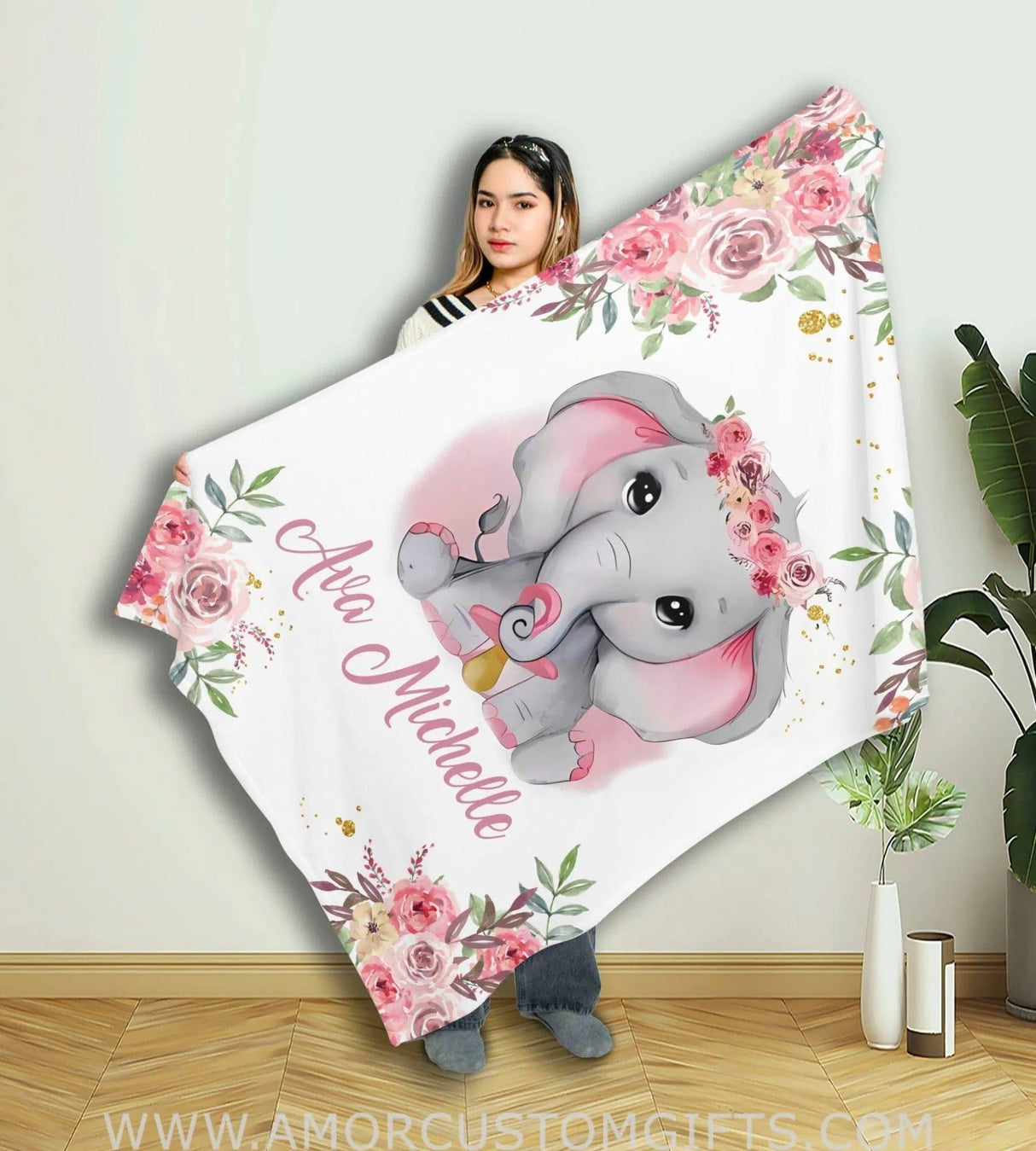 USA MADE Personalized Name Baby Elephant Pink Floral Animal Safari Baby Girl Blanket