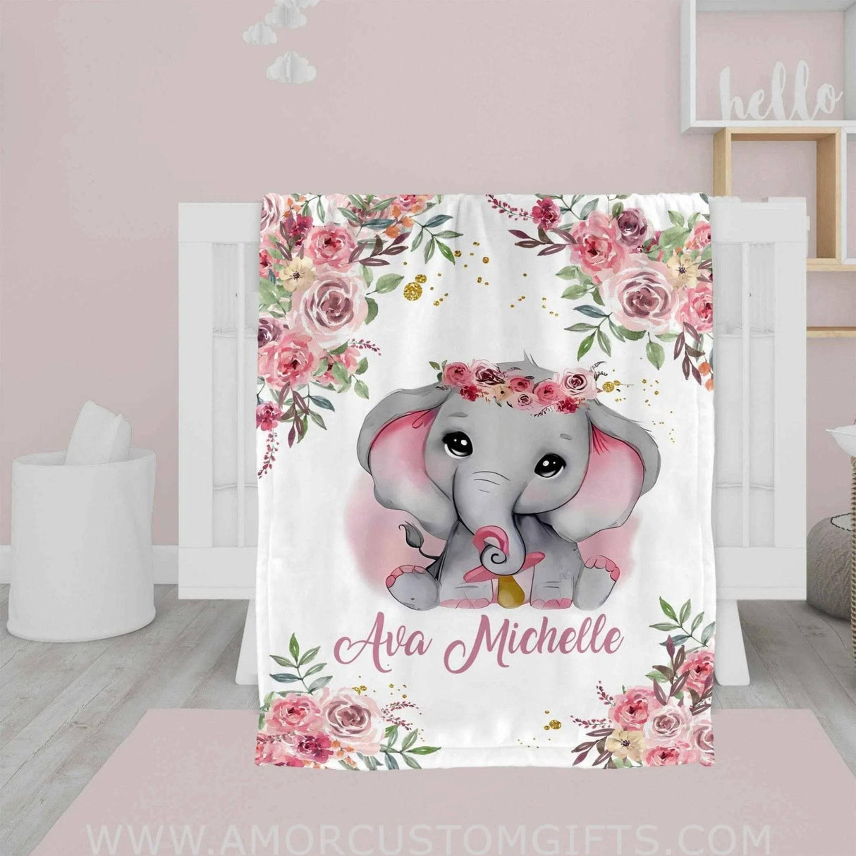 USA MADE Personalized Name Baby Elephant Pink Floral Animal Safari Baby Girl Blanket