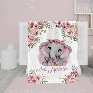 USA MADE Personalized Name Baby Elephant Pink Floral Animal Safari Baby Girl Blanket