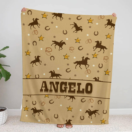 USA MADE Personalized Name Wild West Baby Boy Swaddle Blanket, Cowboy Baby Blankets, Horse Patterns Soft Fleece Blanket