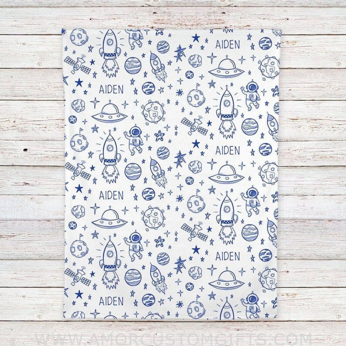 USA MADE Personalized Outer Space Baby Blanket, White with Blue Print