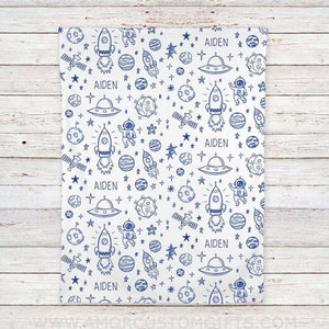 USA MADE Personalized Outer Space Baby Blanket, White with Blue Print