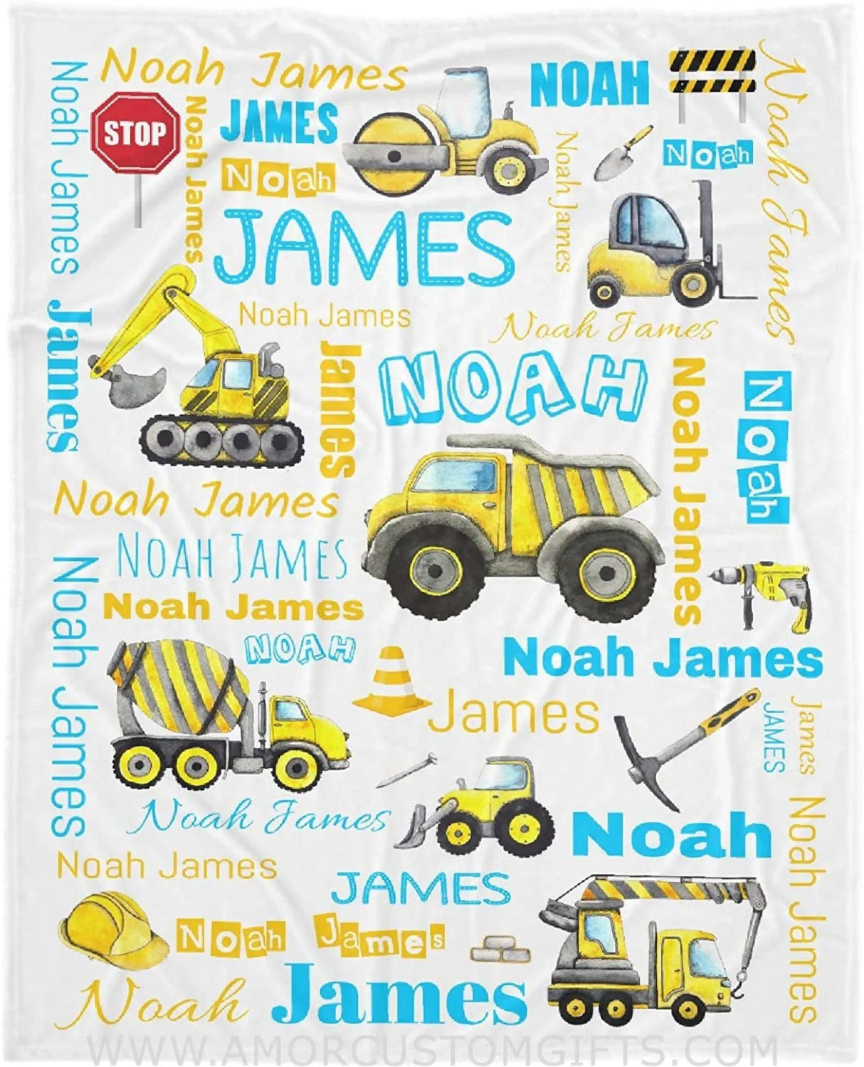 USA MADE Personalized Toddlers Blanket, Lightweight Construction Truck Kid Custom Throws Blankets, Birthday for Newborn Baby