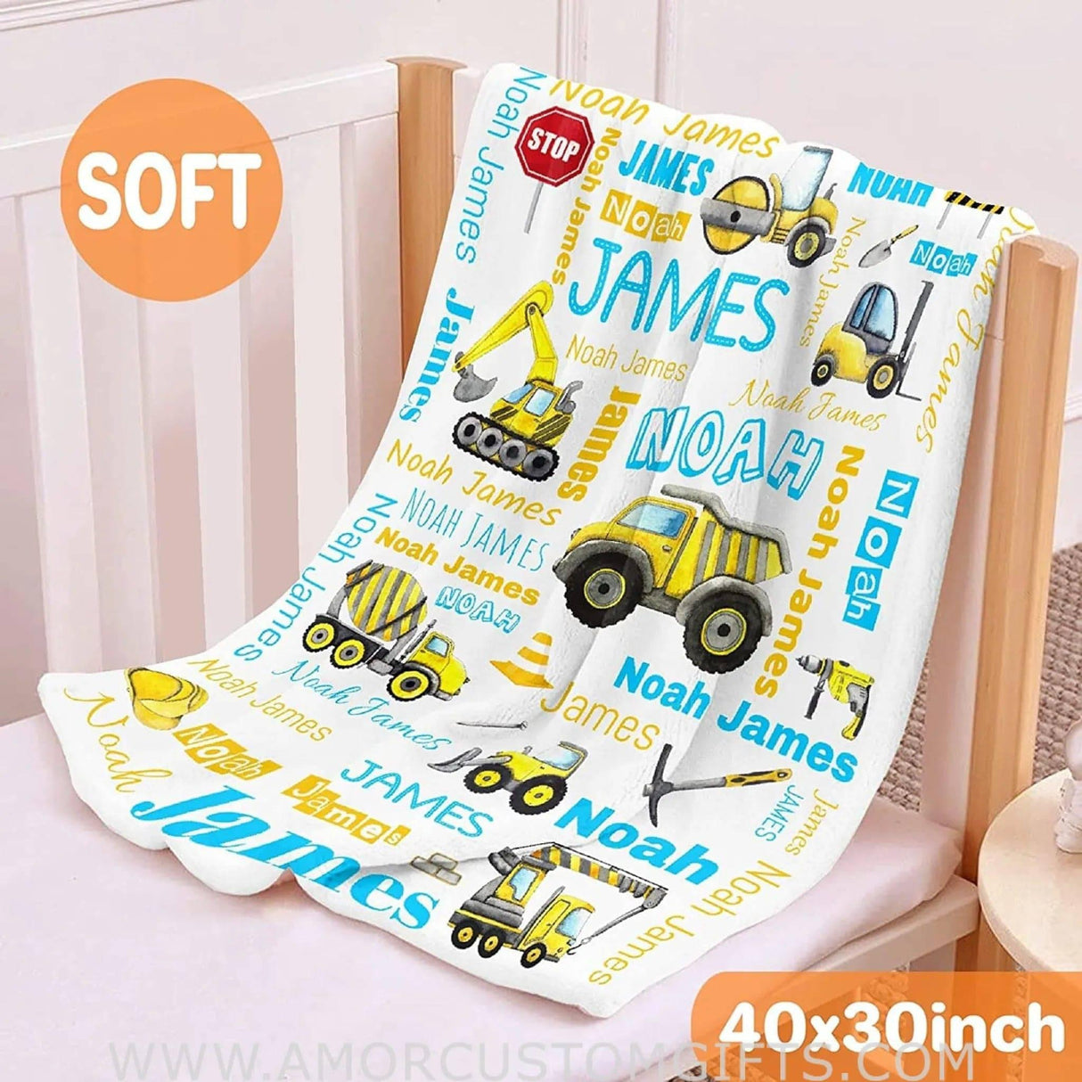 USA MADE Personalized Toddlers Blanket, Lightweight Construction Truck Kid Custom Throws Blankets, Birthday for Newborn Baby