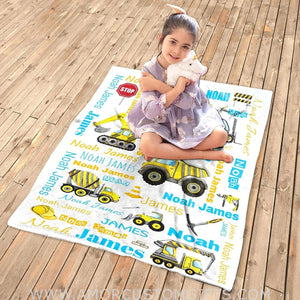 USA MADE Personalized Toddlers Blanket, Lightweight Construction Truck Kid Custom Throws Blankets, Birthday for Newborn Baby