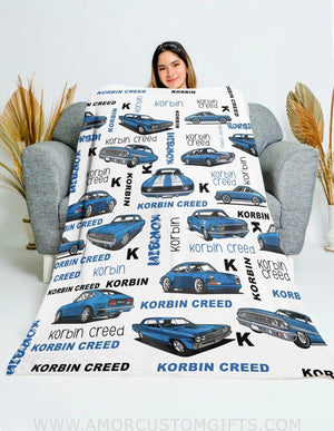 USA MADE Personalized Vehicle Name Classic Blue Car Baby Boy Blanket