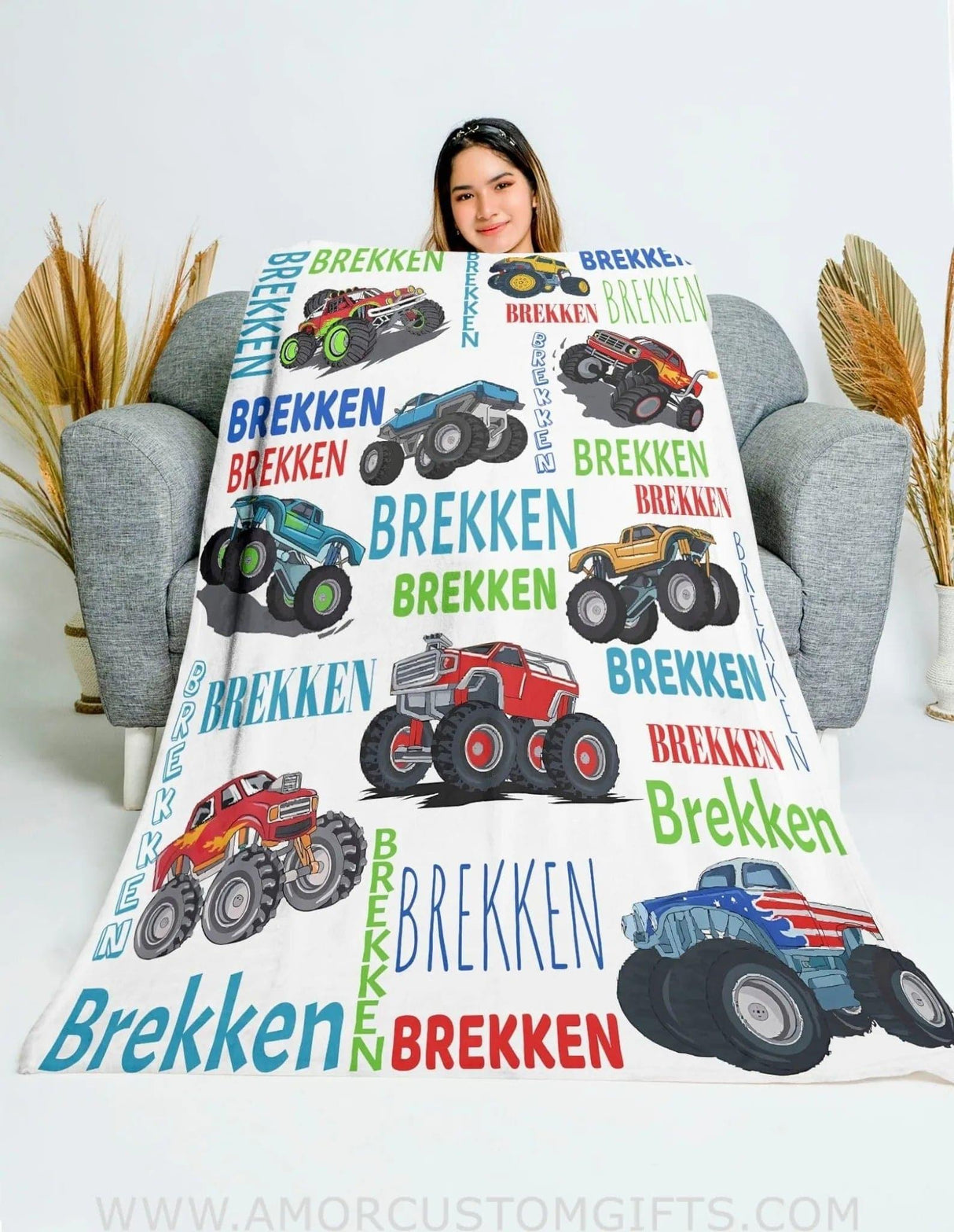 USA MADE Personalized Vehicle Name Monster Truck 4 Boy Baby Blanket