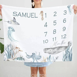 USA MADE The Sea Personalized Baby Name Blanket, Custom Marine Baby Girl, Baby Boy Gift