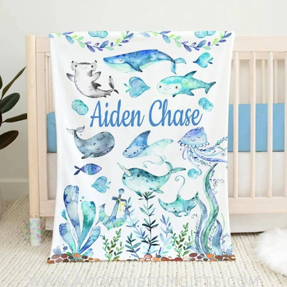 USA MADE The Sea Personalized Baby Name Blanket, Custom Marine Baby Girl, Baby Boy Gift