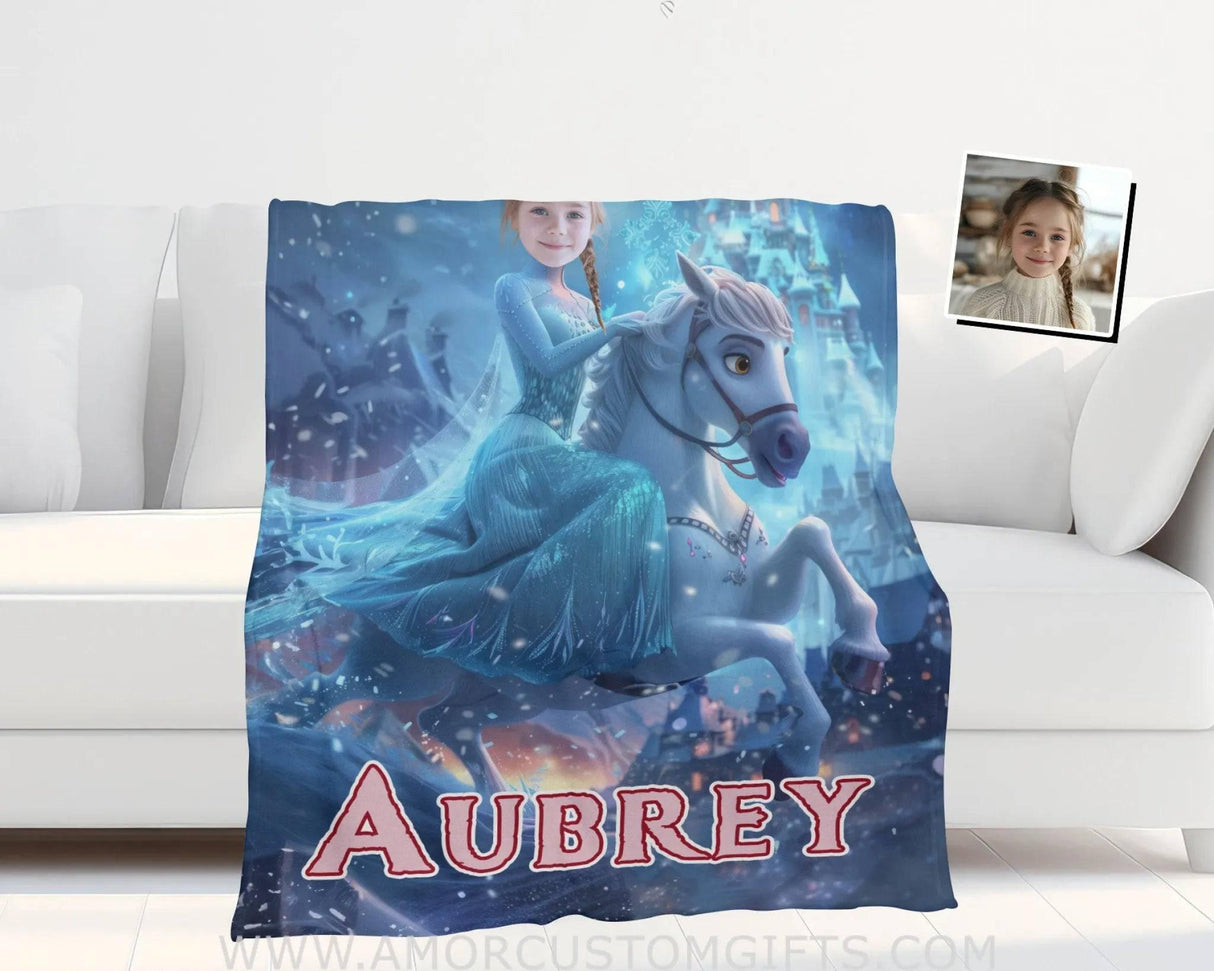 Personalized Face & Name Elsa Princess Riding Horse Girl Blanket