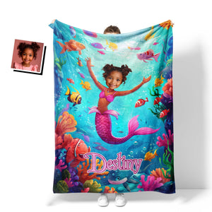 Personalized Face & Name Fashion Doll Pink Doll Mermaid Girl Blanket