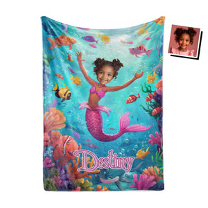 Personalized Face & Name Fashion Doll Pink Doll Mermaid Girl Blanket