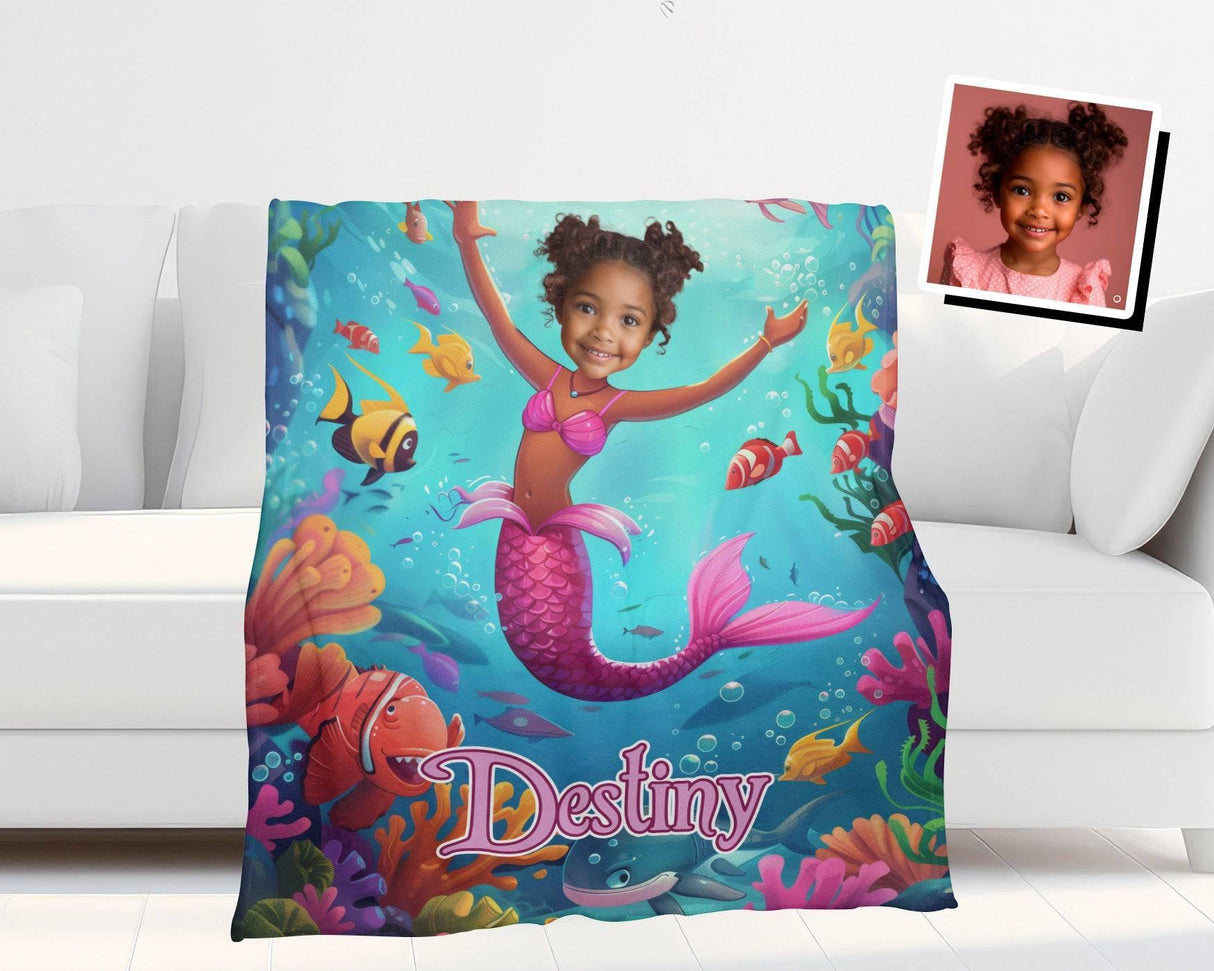 Personalized Face & Name Fashion Doll Pink Doll Mermaid Girl Blanket