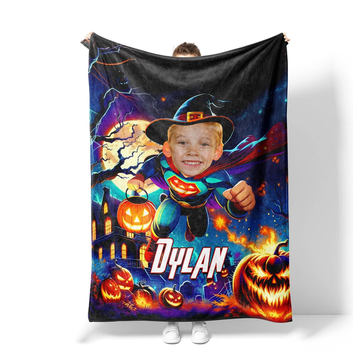 Personalized Face & Name Halloween Super Boy Pumpkin Blanket