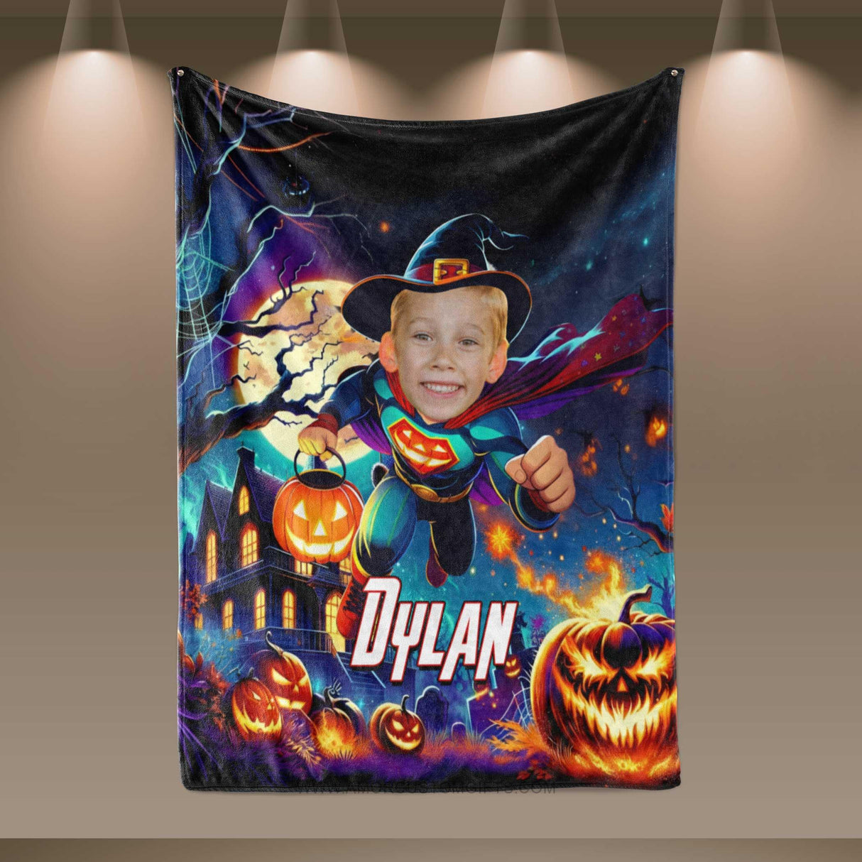 Personalized Face & Name Halloween Super Boy Pumpkin Blanket