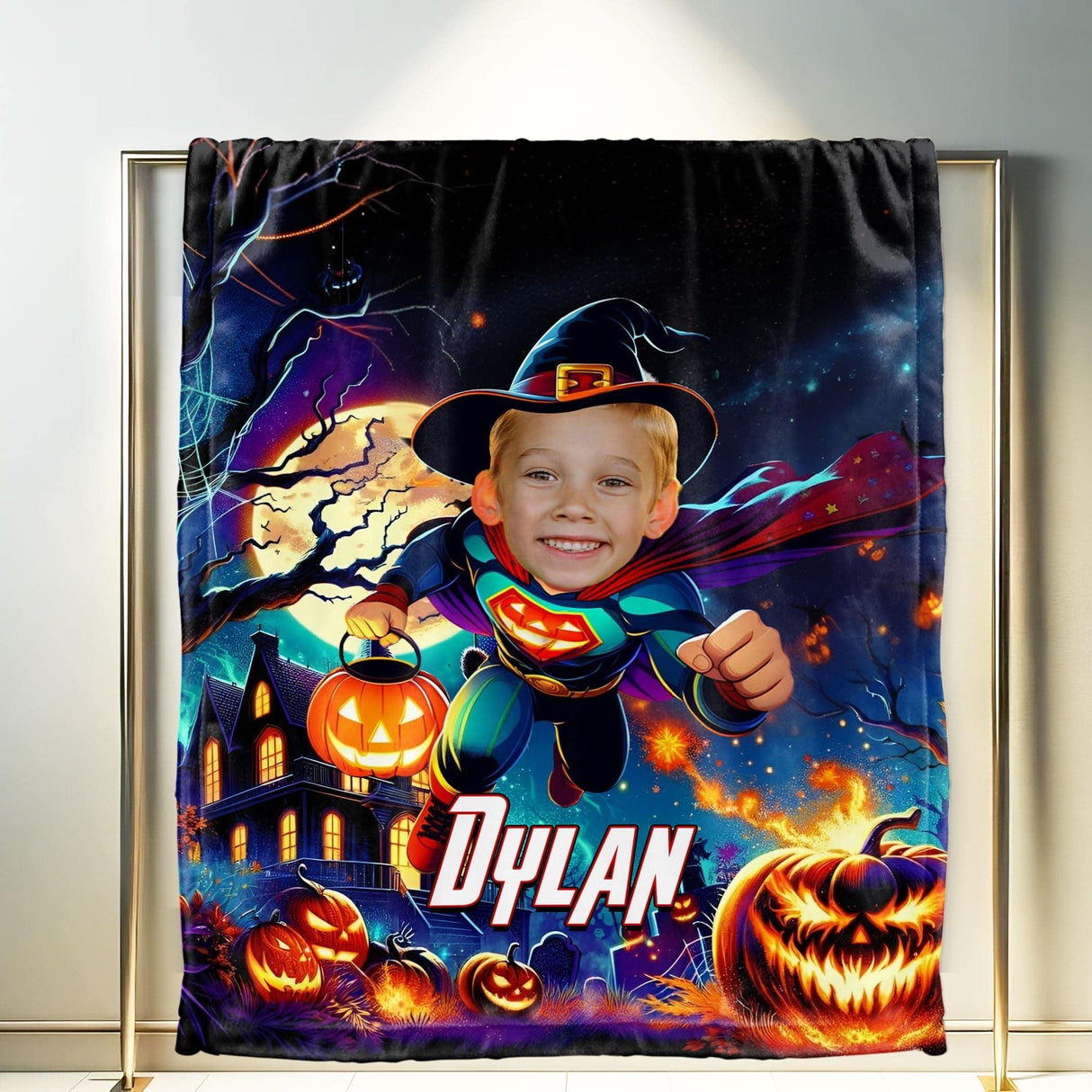 Personalized Face & Name Halloween Super Boy Pumpkin Blanket