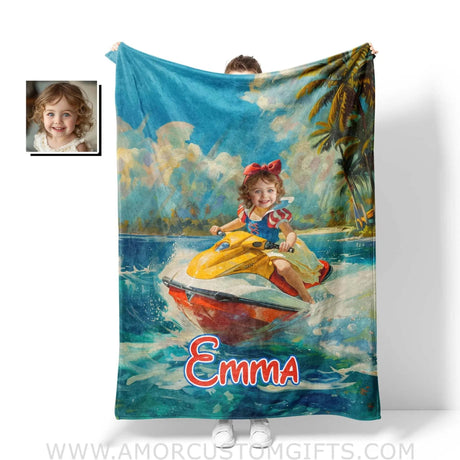 Personalized Face & Name Snow White Surfing Summer Beach Girl Blanket