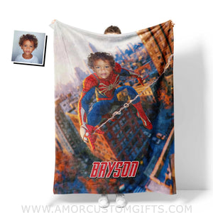 Personalized Face & Name Spider Boy Swinging Superhero Boy Blanket