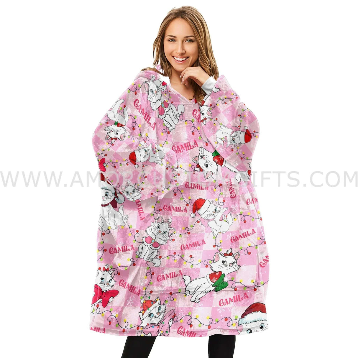 Custom Personalized Meowy Christmas Pink Xmas Snug Oversized Wearable Hoodie Blanket