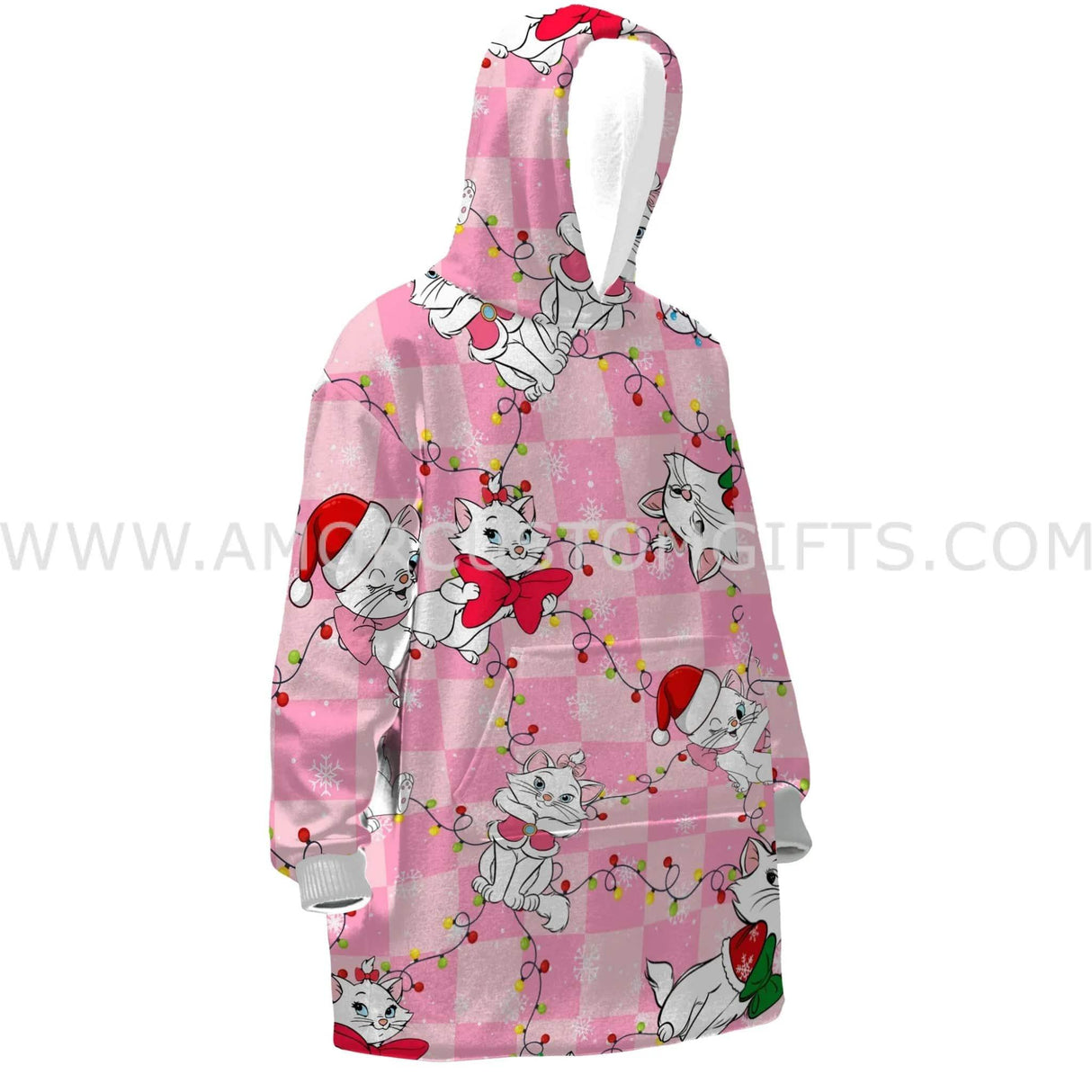 Custom Personalized Meowy Christmas Pink Xmas Snug Oversized Wearable Hoodie Blanket