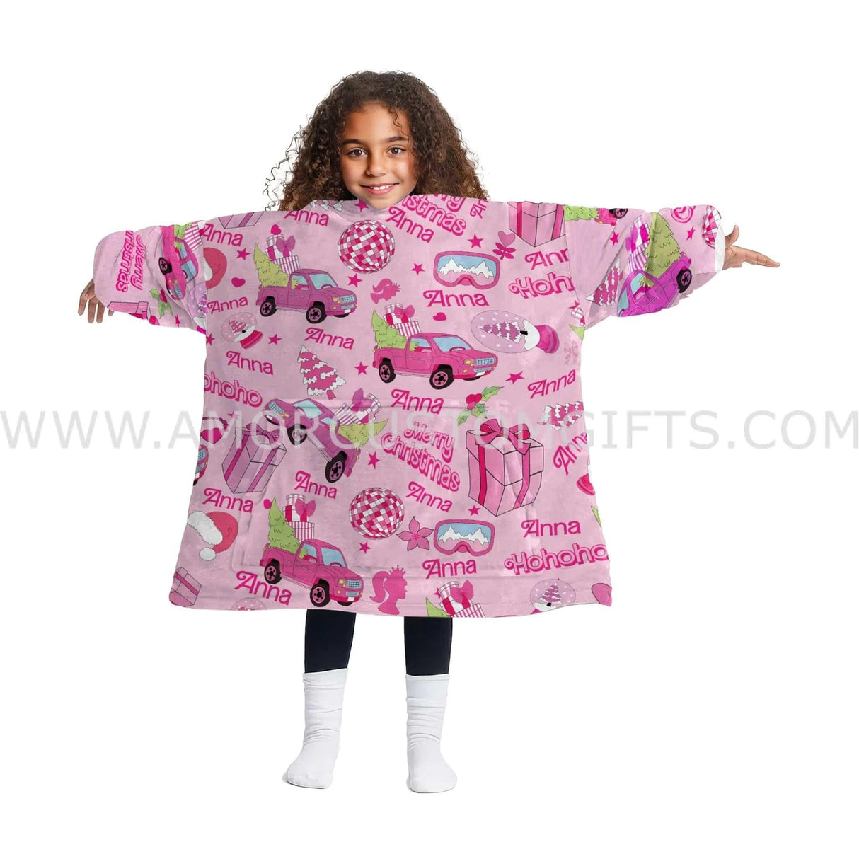 Custom Personalized Trendy Dolls Pink Christmas Snug Oversized Wearable Hoodie Blanket