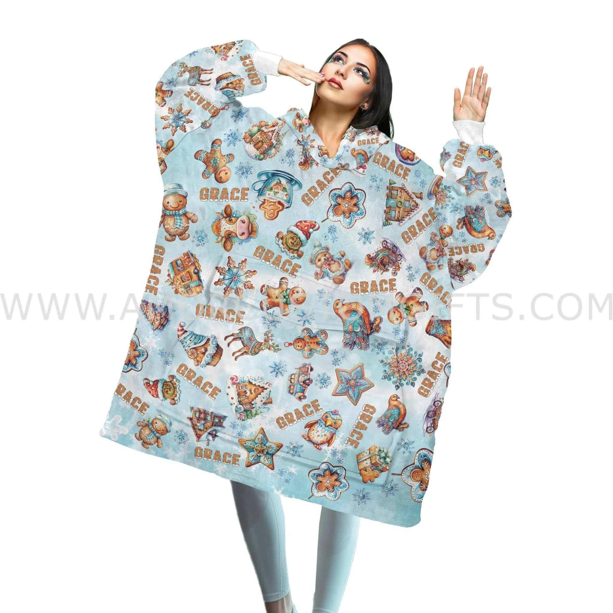 Personalized Beautiful Christmas Gingerbread Snug Oversized Wearable Hoodie Blanket