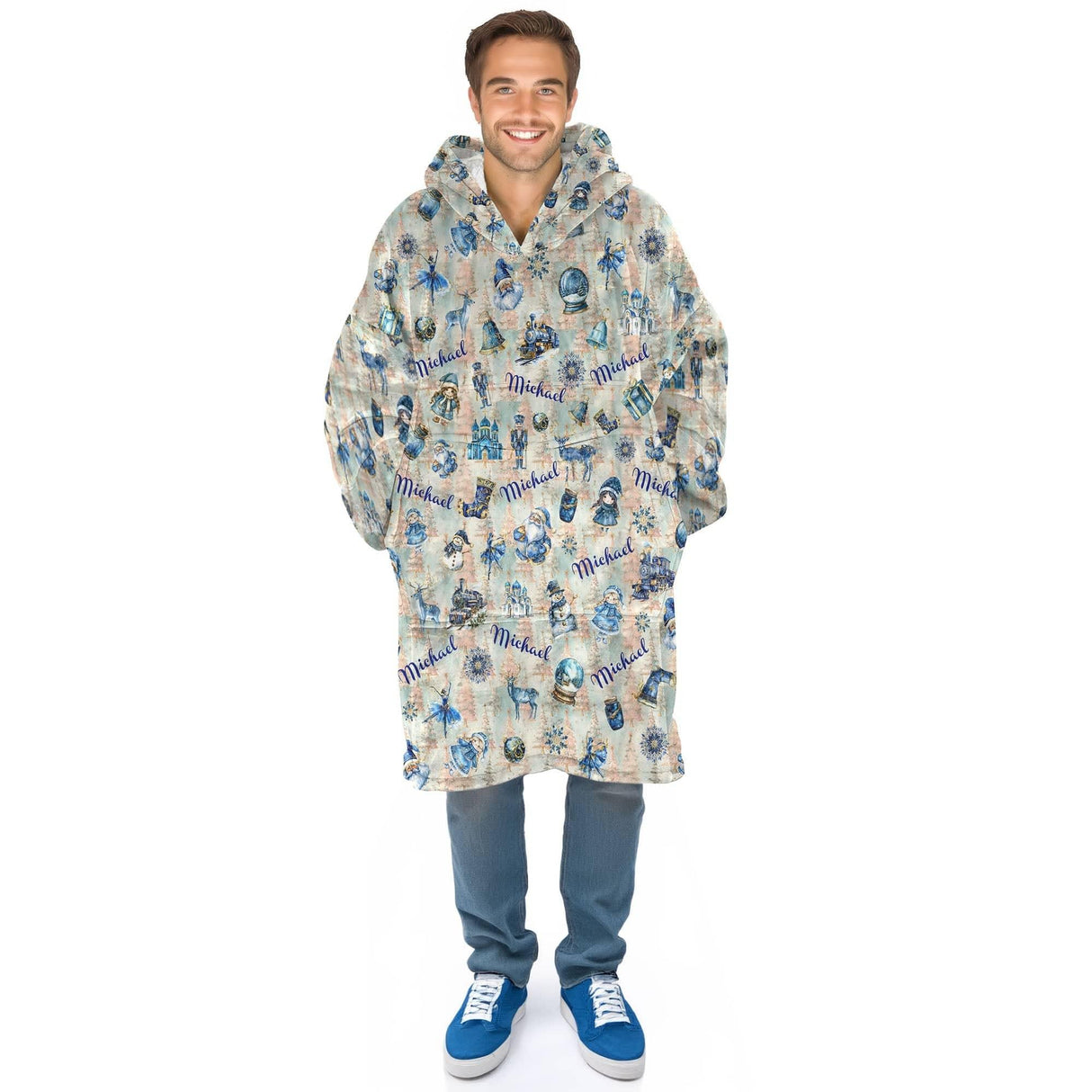 Personalized Blue And Gold Christmas Snug Oversized Wearable Hoodie Blanket