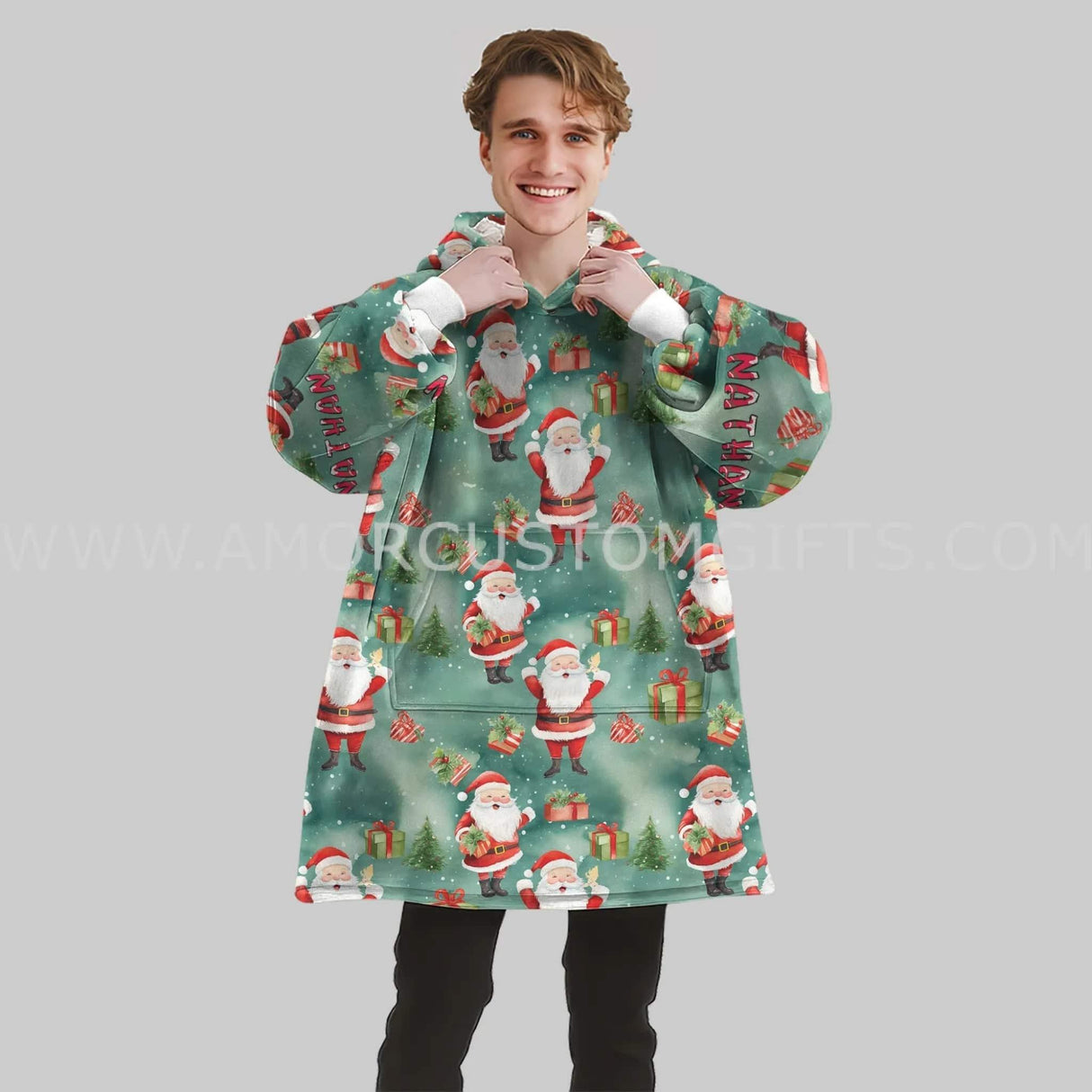 Personalized Chrismas Santa Seamless Snug Oversized Wearable Hoodie Blanket