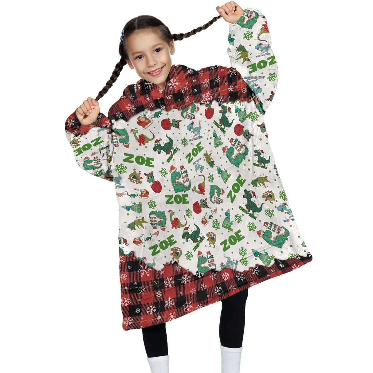 Personalized Christmas Dinosaur Snug Oversized Wearable Hoodie Blanket