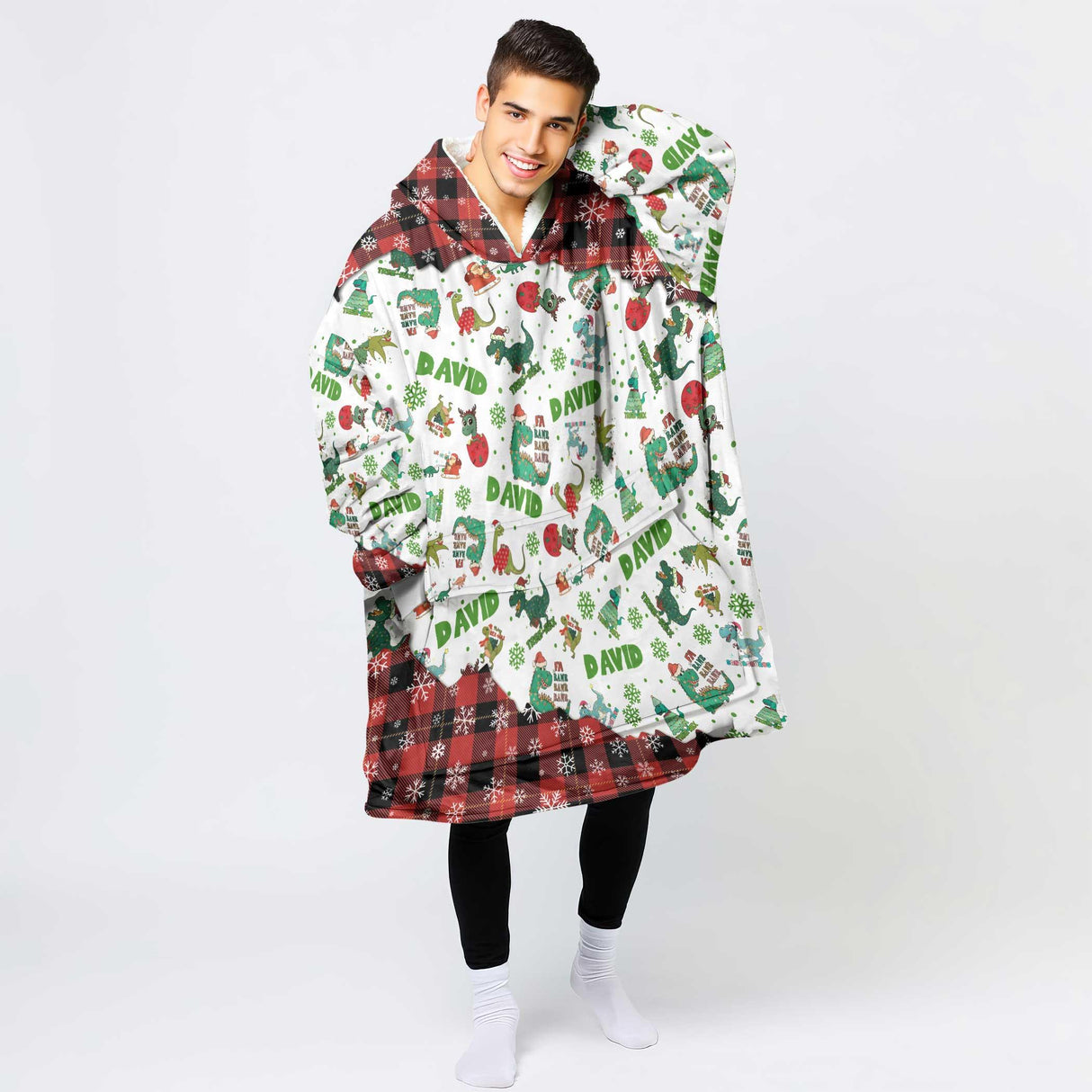 Personalized Christmas Dinosaur Snug Oversized Wearable Hoodie Blanket