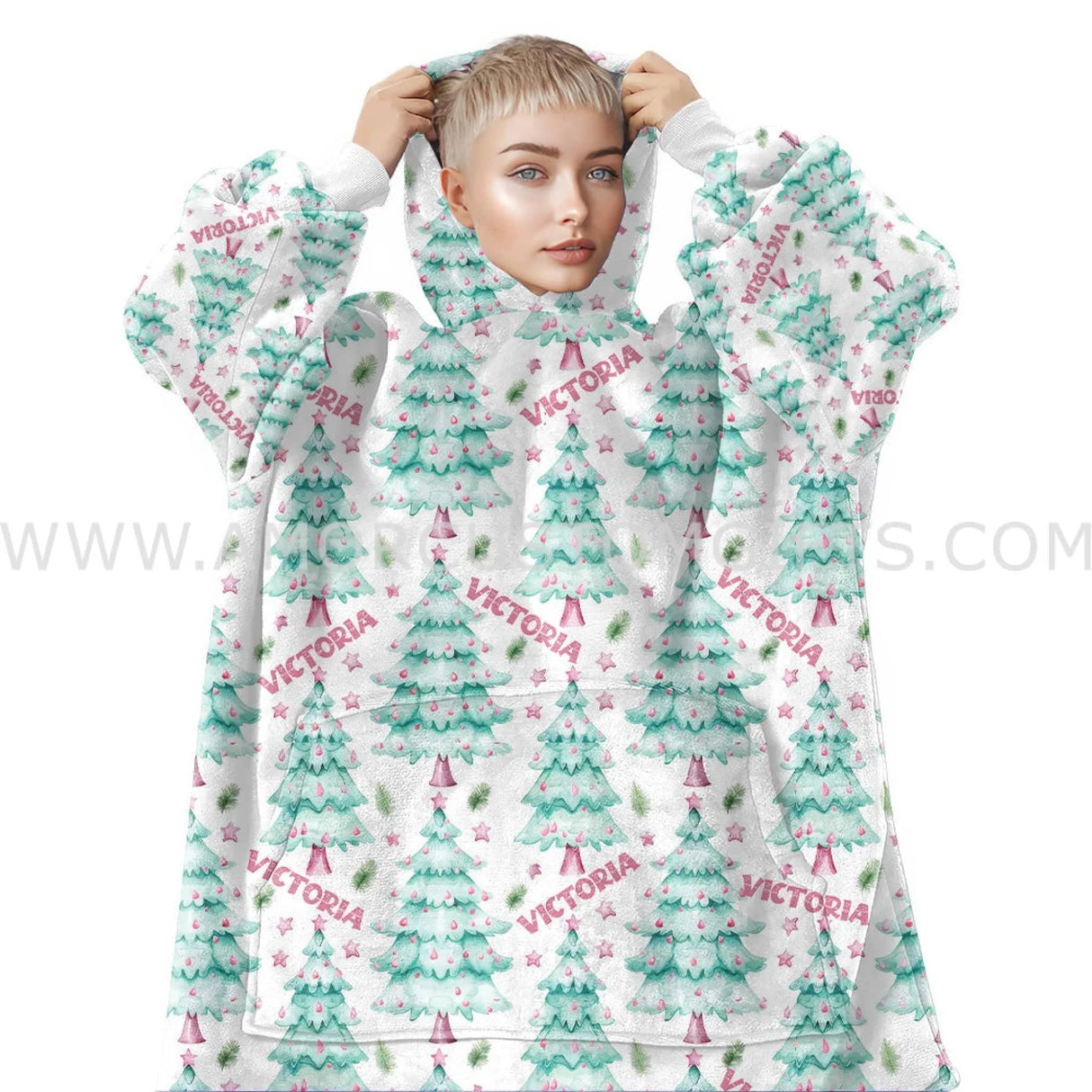 Personalized Christmas Pine Tree Snug Oversized Wearable Hoodie Blanket