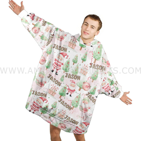 Personalized Christmas Pink Santa Snug Oversized Wearable Hoodie Blanket