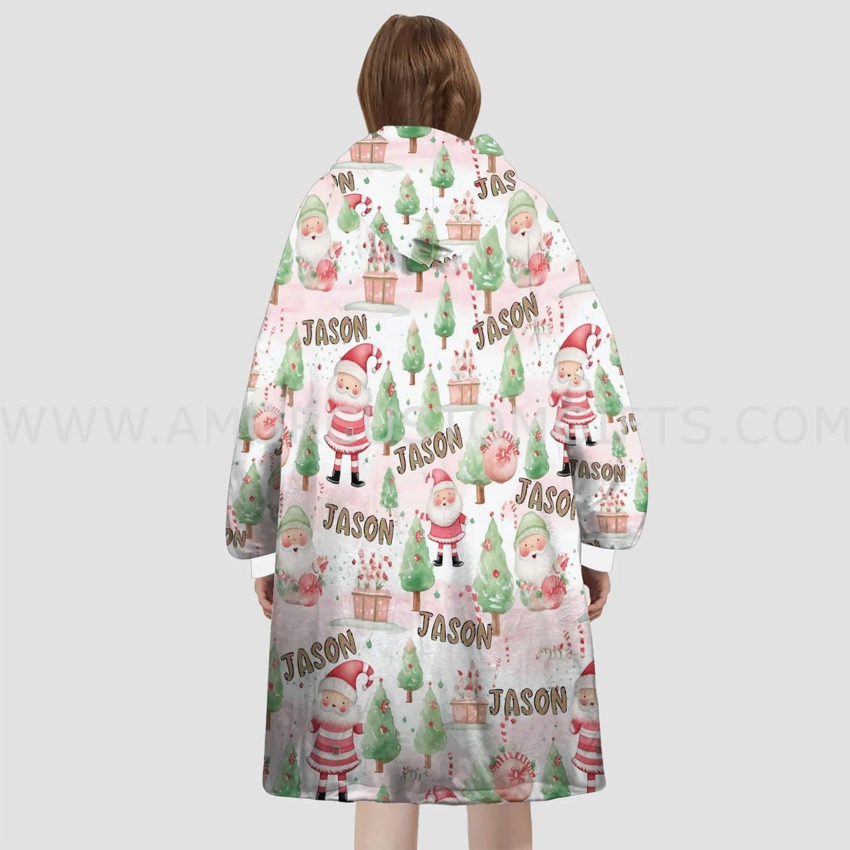 Personalized Christmas Pink Santa Snug Oversized Wearable Hoodie Blanket