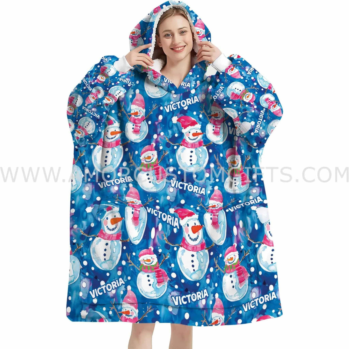 Personalized Christmas Pink Snowman Snug Oversized Wearable Hoodie Blanket