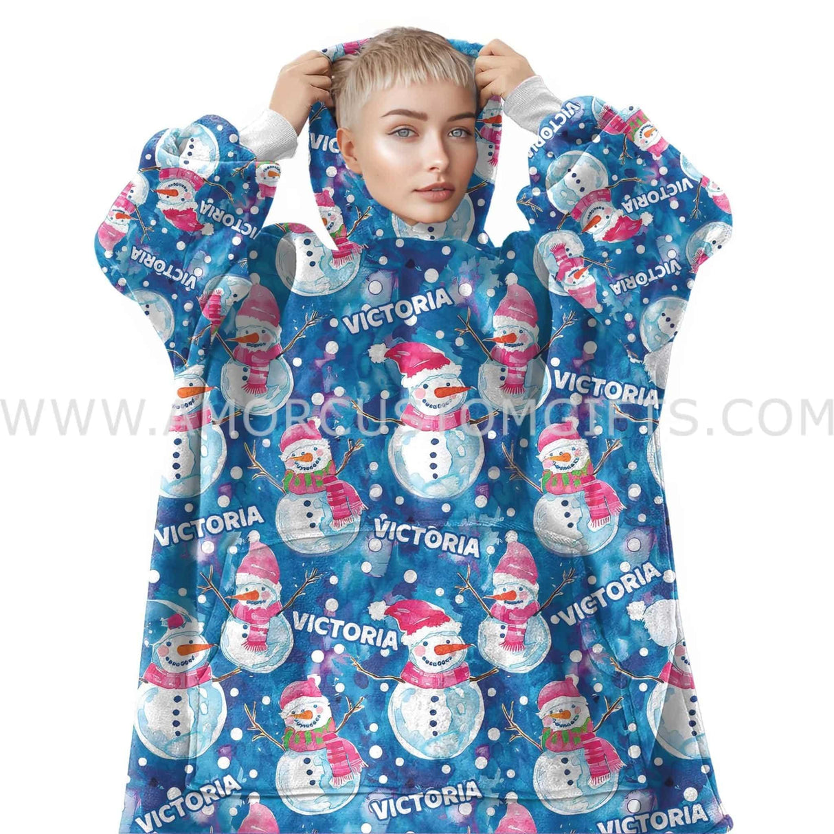 Personalized Christmas Pink Snowman Snug Oversized Wearable Hoodie Blanket