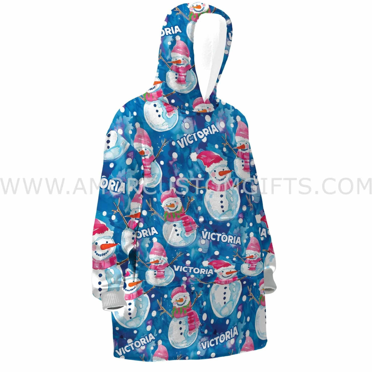 Personalized Christmas Pink Snowman Snug Oversized Wearable Hoodie Blanket