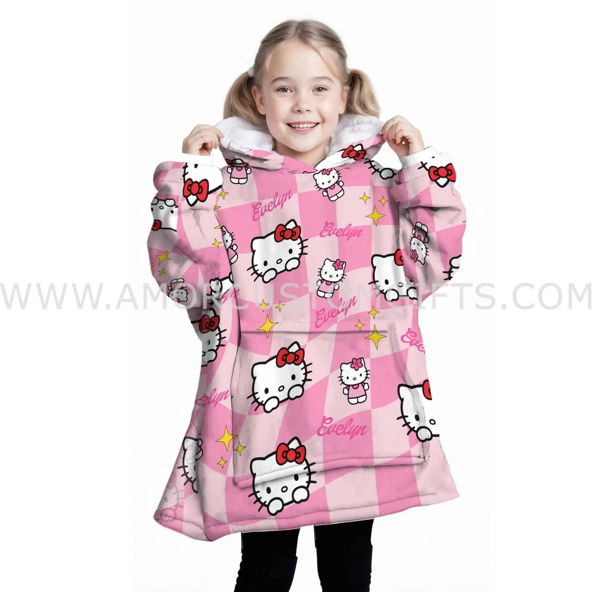 Personalized Cute Cartoon Kitty Snug Oversized Wearable Hoodie Blanket