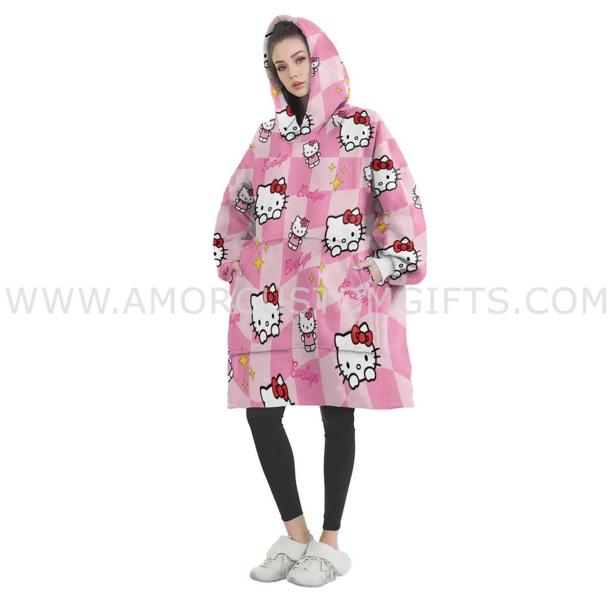 Personalized Cute Cartoon Kitty Snug Oversized Wearable Hoodie Blanket