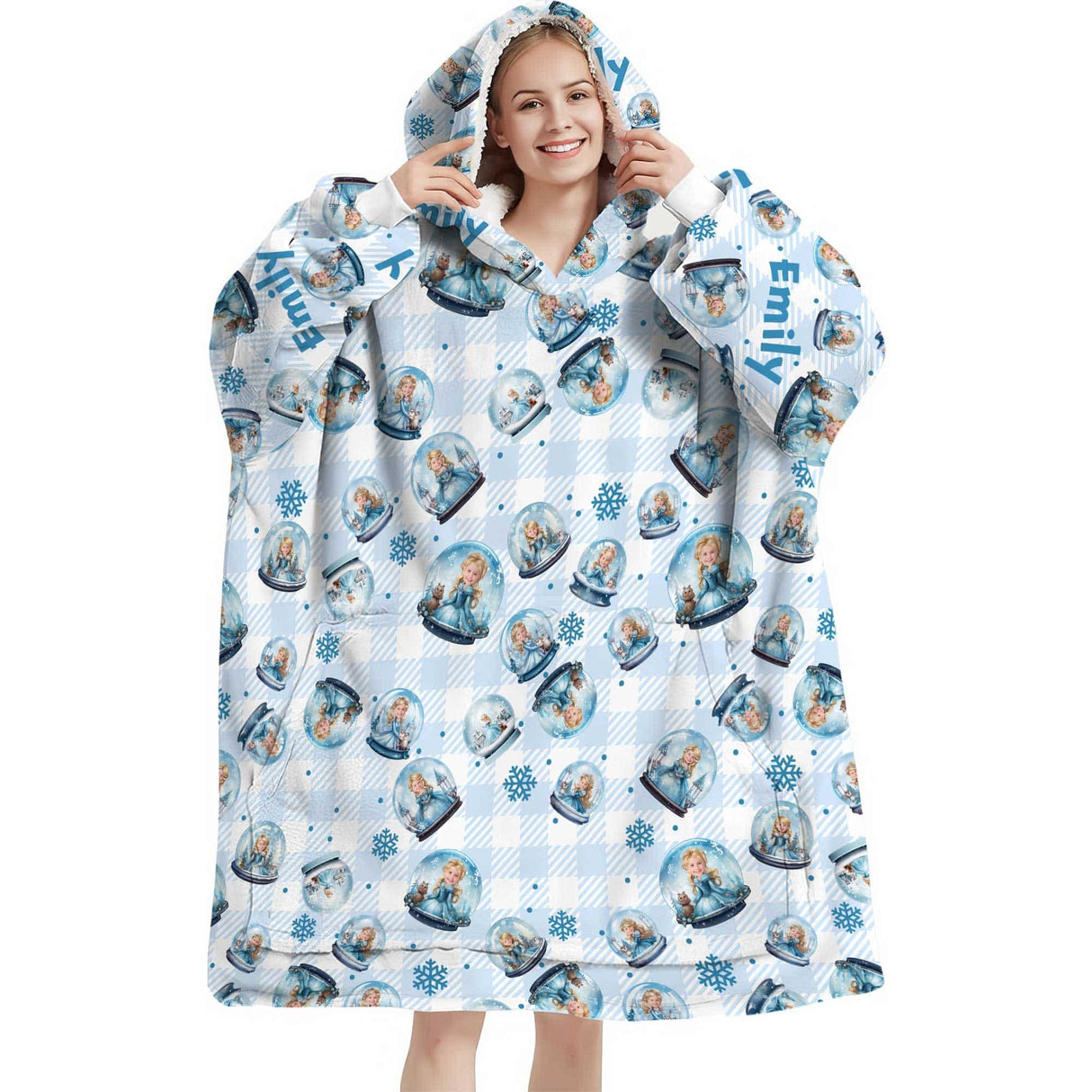 Personalized Face & Name Christmas Princess in Snow Globe Snug Oversized Wearable Hoodie Blanket